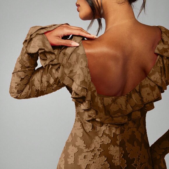 Brown Party Women's Long Sleeve Ruffle Maxi Dress - Picture 5 of 5